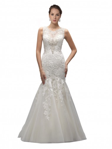 Sleeveless Ivory Mermaid Tulle & Lace Illusion Neck Long Wedding Dress Mississauga
