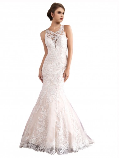 Sleeveless Ivory & Champagne Mermaid Tulle & Lace Illusion Neck Wedding Dress Mississauga