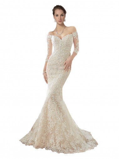 Long Sleeves Ivory & Champagne Mermaid Off the Shoulder Wedding Dress Mississauga