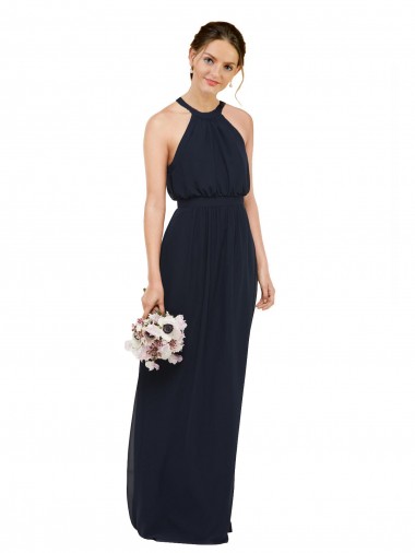 Sleeveless Dark Navy A-Line Halter Neck Bridesmaid Dress Mississauga