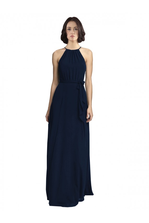 Sleeveless Dark Navy A-Line Halter Neck Evening Gowns / Bridesmaid Dresses Mississauga