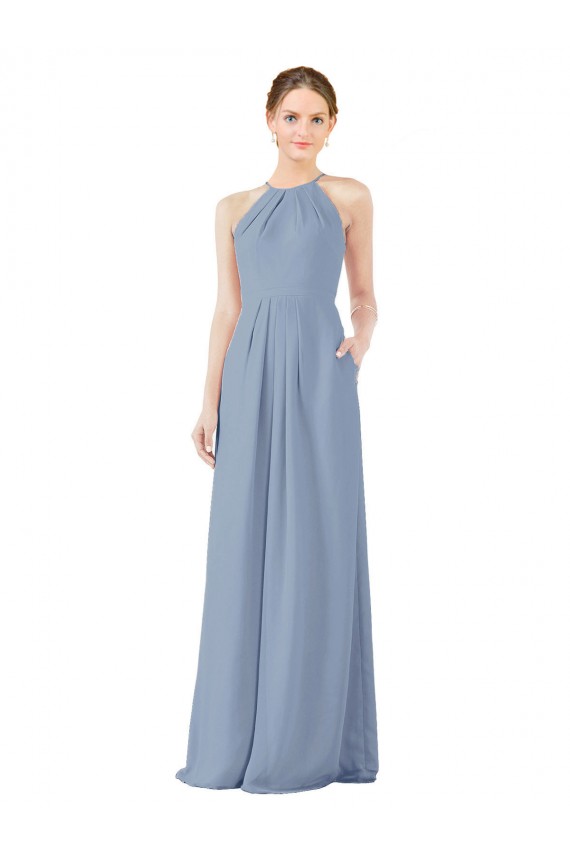 Sleeveless Dusty Blue Keyhole Back Sheath Halter Neck Bridesmaid Dress Mississauga
