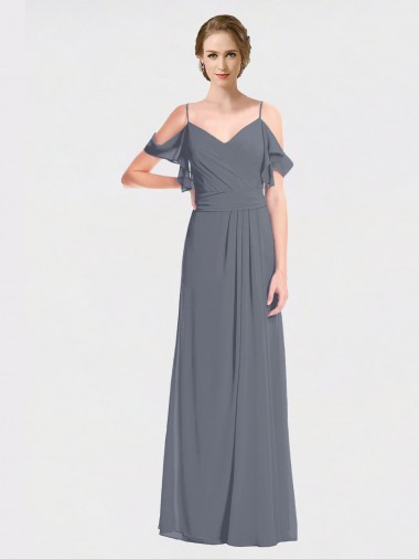 Flutter Sleeves Slate Grey V-Back A-Line Off the Shoulder Bridesmaid Dress Mississauga