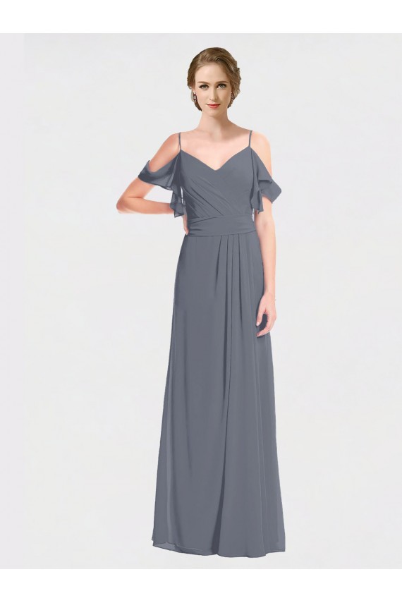 Flutter Sleeves Slate Grey V-Back A-Line Off the Shoulder Bridesmaid Dress Mississauga