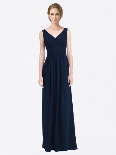 Sleeveless Dark Navy Low Back A-Line V-Neck Evening Gowns / Bridesmaid Dress Mississauga