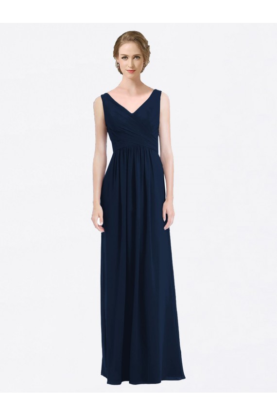 Sleeveless Dark Navy Low Back A-Line V-Neck Evening Gowns / Bridesmaid Dress Mississauga