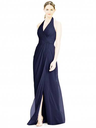 Sleeveless Dark Navy Open Back A-Line Halter Neck Formal Dress / Bridesmaid Dress Mississauga