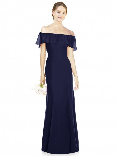 Sleeveless Dark Navy Trumpet Off the Shoulder Bridesmaid Dress Mississauga