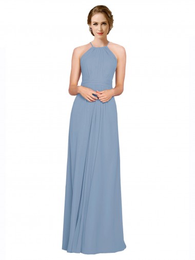 Sleeveless Dusty Blue Criss Cross Open Back A-Line Halter Neck Bridesmaid Dress / Evening Dress Mississauga