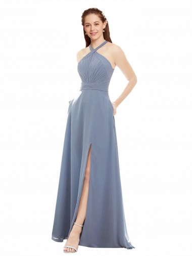 Sleeveless Dusty Blue A-Line Halter Neck Evening Dress / Bridal Party Dress Mississauga