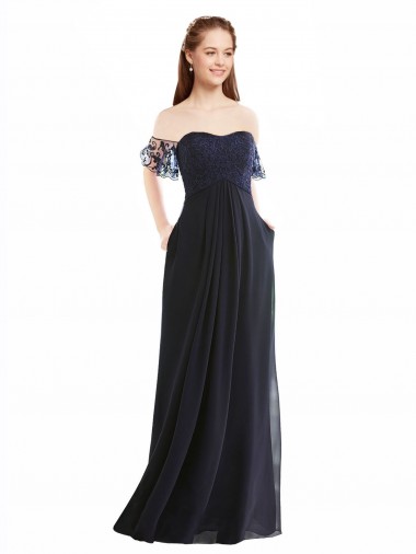 Cap Sleeves Dark Navy A-Line Off the Shoulder Formal Dress / Bridesmaid Dress Mississauga