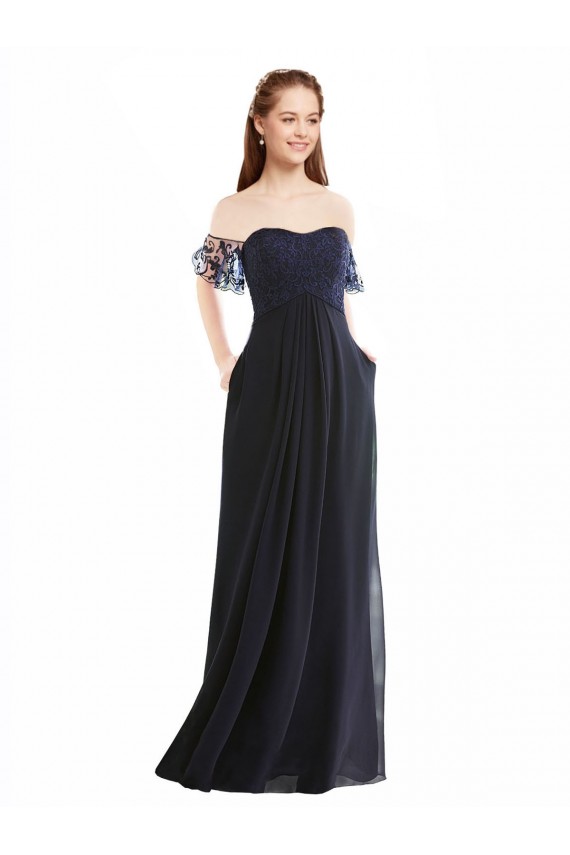 Cap Sleeves Dark Navy A-Line Off the Shoulder Formal Dress / Bridesmaid Dress Mississauga