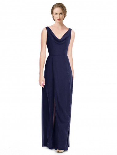 Sleeveless Dark Navy V-Back A-Line Cowl Neck Bridesmaid Dress Mississauga