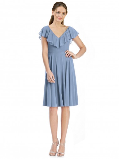 Cap Sleeves Dusty Blue V-Back A-Line V-Neck Bridesmaid Dress Mississauga