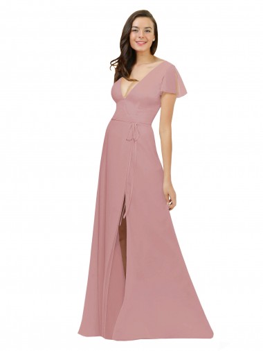 Flutter Sleeves Dusty Pink V-Back A-Line V-Neck Bridesmaid Dress / Evening Dress Mississauga
