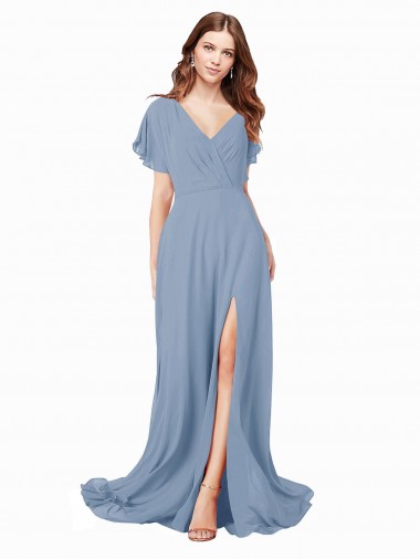 Cap Sleeves Dusty Blue A-Line V-Neck Black Tie Prom Dress / Bridesmaid Dress Mississauga