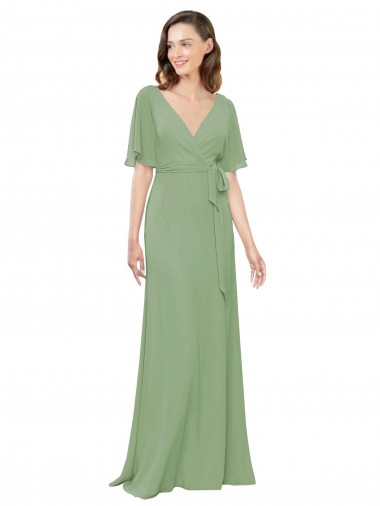 Short Flutter Sleeves Seagrass A-Line V-Neck Bridesmaid Dress Mississauga