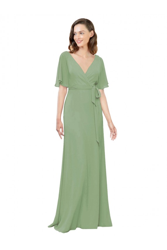 Short Flutter Sleeves Seagrass A-Line V-Neck Bridesmaid Dress Mississauga