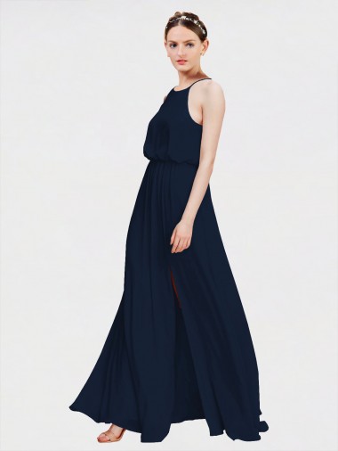 Sleeveless Dark Navy A-Line Chiffon Halter Neck Formal Dress / Bridesmaid Dress Mississauga