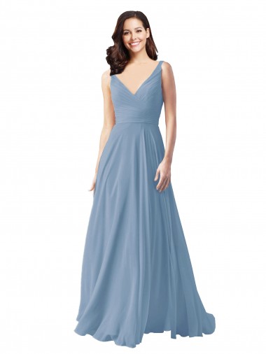 Sleeveless Dusty Blue A-Line V-Neck Wedding Party Dress Mississauga