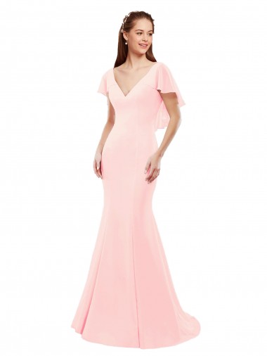 Flutter Sleeves Pink Low Back Mermaid V-Neck Bridesmaid Dress Mississauga