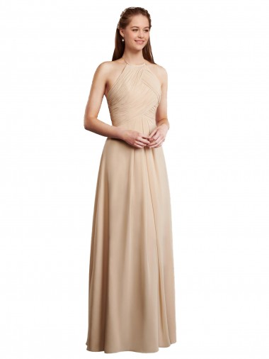 Sleeveless Champagne Low Back A-Line Halter Neck Bridesmaid Dress Mississauga
