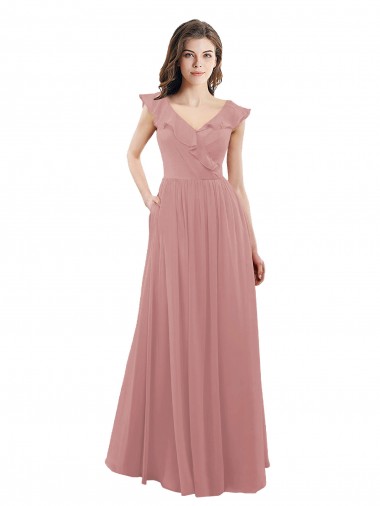 Cap Sleeves Dusty Pink V-Back A-Line V-Neck Bridesmaid Dress Mississauga
