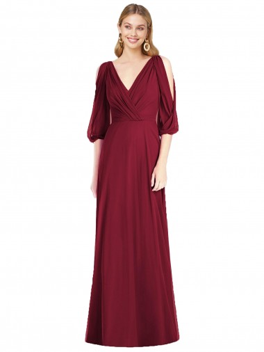 Bell Sleeves Burgundy V-Back Trumpet V-Neck Formal Dress / Bridesmaid Dress Mississauga