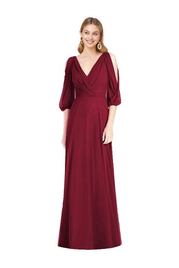 Bell Sleeves Burgundy V-Back Trumpet V-Neck Formal Dress / Bridesmaid Dress Mississauga