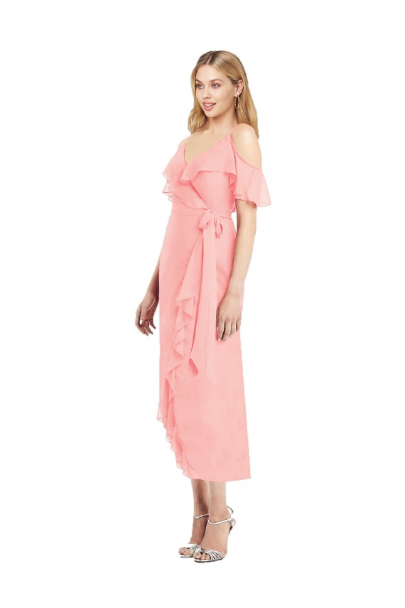 Cold Shoulder Salmon Trumpet Spaghetti Straps High Low Bridesmaid Dress Mississauga