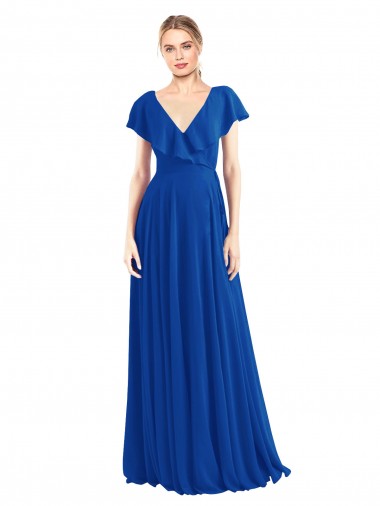 Flutter Sleeves Royal Blue V-Back A-Line V-Neck Bridesmaid Dress Mississauga