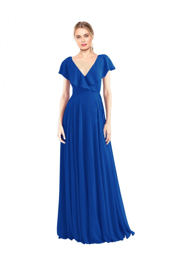 Flutter Sleeves Royal Blue V-Back A-Line V-Neck Bridesmaid Dress Mississauga