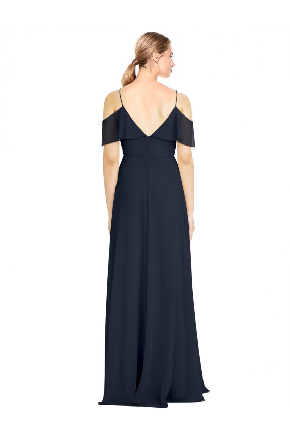 Sleeveless Dark Navy V-Back A-Line Off the Shoulder Bridesmaid Dress Mississauga