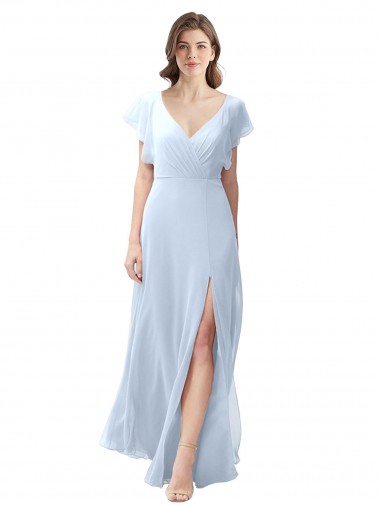 Flutter Sleeves Light Sky Blue Open Back A-Line V-Neck Bridesmaid Dress / Formal Dress Mississauga