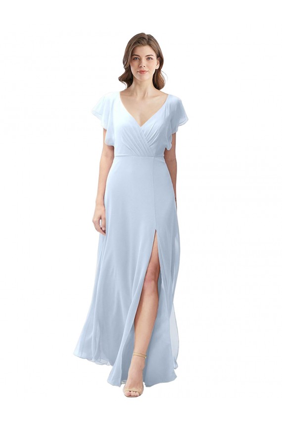 Flutter Sleeves Light Sky Blue Open Back A-Line V-Neck Bridesmaid Dress / Formal Dress Mississauga