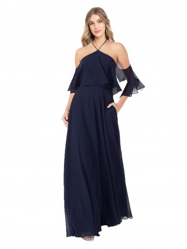 Flutter Sleeves Dark Navy A-Line Halter Neck Formal Dress / Bridesmaid Dress Mississauga