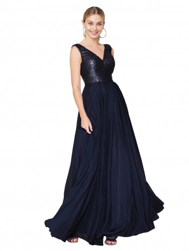 Sleeveless Dark Navy V-Back A-Line V-Neck Semi Formal Evening Gown / Prom Dress / Bridesmaid Dress Mississauga
