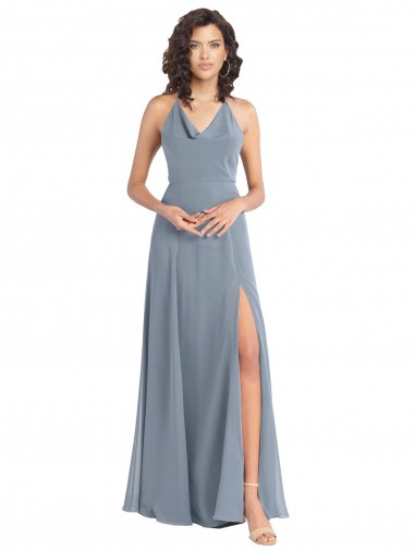 Sleeveless Dusty Blue V-Back A-Line Halter Neck Bridesmaid Dress Mississauga