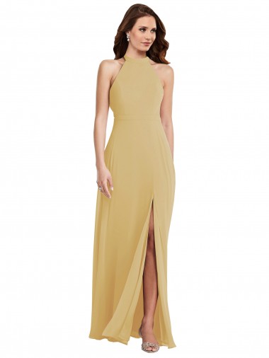 Sleeveless Gold Criss Cross Open Back A-Line Halter Neck Semi Formal Evening Dress / Bridesmaid Dress Mississauga