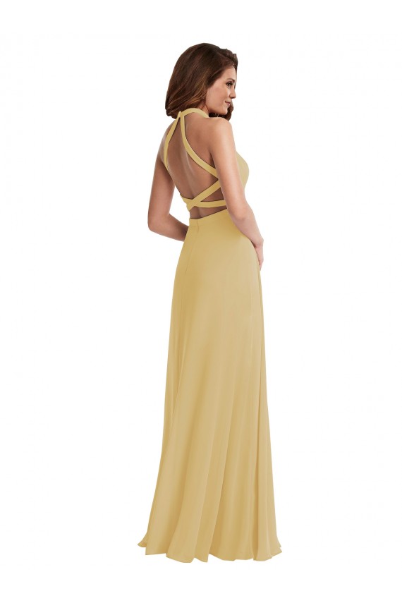 Sleeveless Gold Criss Cross Open Back A-Line Halter Neck Semi Formal Evening Dress / Bridesmaid Dress Mississauga
