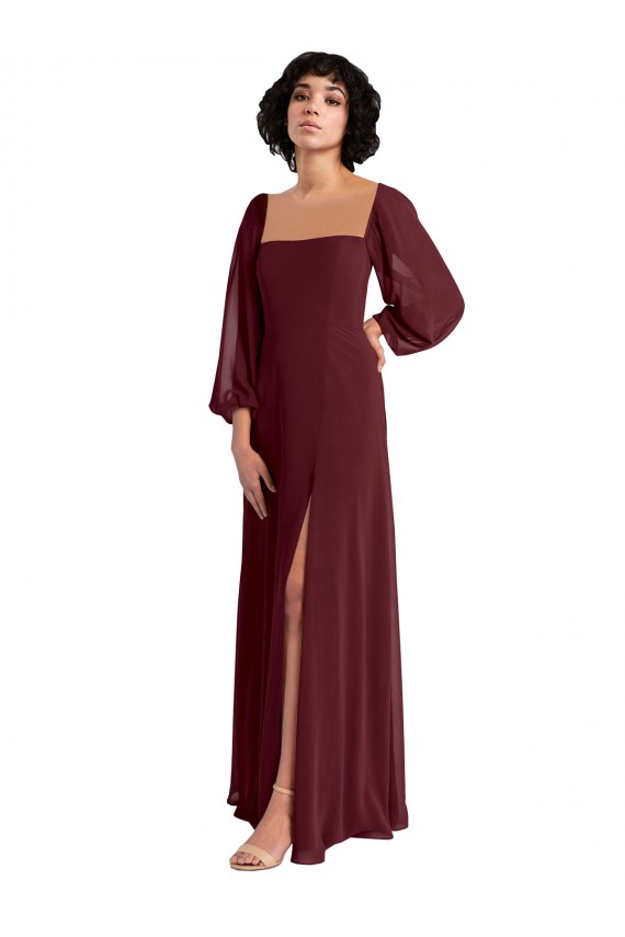 Long Sleeves Burgundy Gold A-Line Square Neck Bridesmaid Dress / Evening Dress Mississauga