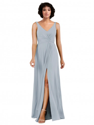 Sleeveless Sea Glass Low Back Column V-Neck Bridesmaid Dress Mississauga