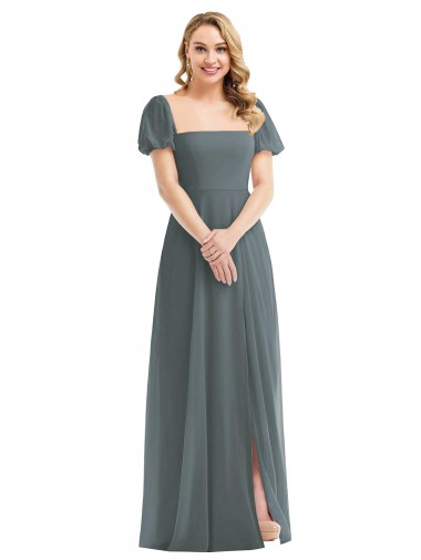 Puff Sleeves Slate Grey A-Line Square Neck Semi Formal Evening Dress / Bridesmaid Dress Mississauga