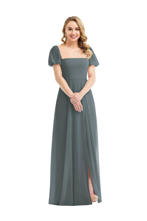 Puff Sleeves Slate Grey A-Line Square Neck Semi Formal Evening Dress / Bridesmaid Dress Mississauga