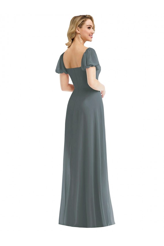 Puff Sleeves Slate Grey A-Line Square Neck Semi Formal Evening Dress / Bridesmaid Dress Mississauga