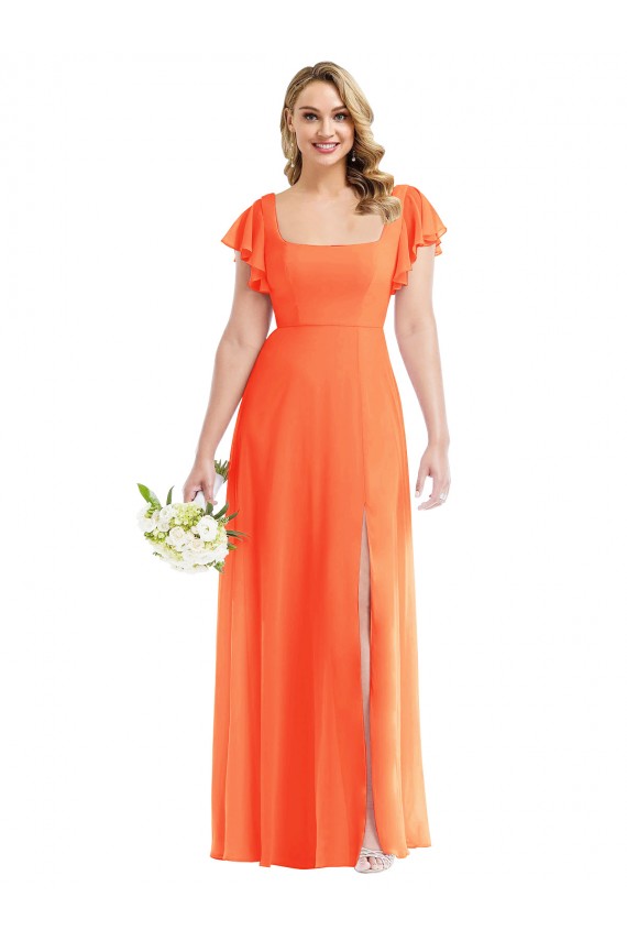 Flutter Sleeves Tangerine Tango Open Back A-Line Square Neck Semi Formal Evening Dress / Bridesmaid Dress Mississauga