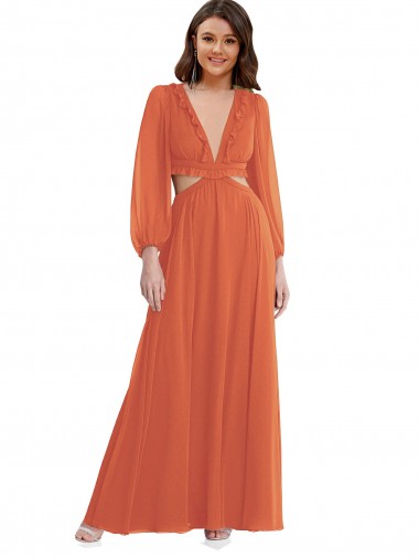 Long Sleeves Firecracker Open Back A-Line V-Neck High Low Evening Gown / Bridesmaid Dress Mississauga