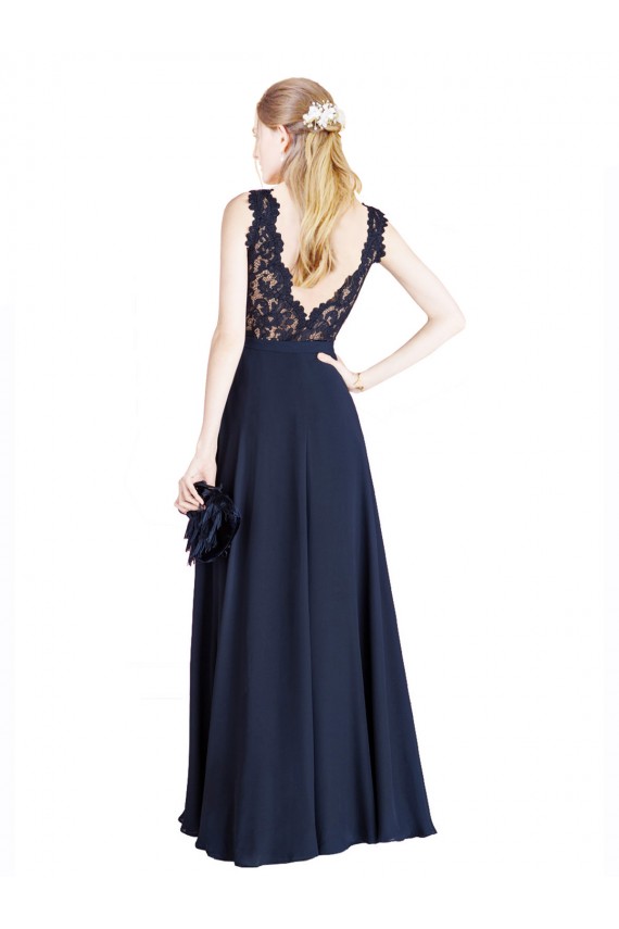 Sleeveless Dark Navy V-Back A-Line Illusion Neck Prom Dress / Bridesmaid Dress Mississauga