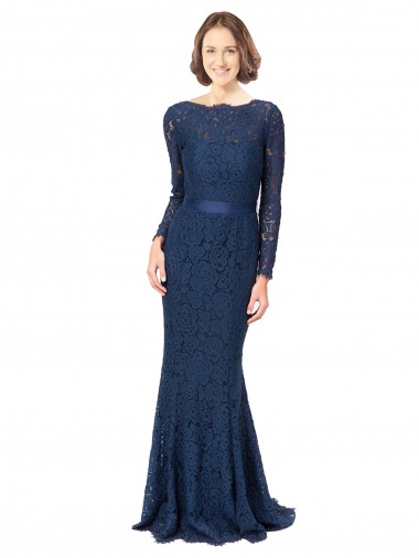 Long Sleeves Dark Navy V-Back Mermaid, Sheath Jewel Neck Bridesmaid Dress Mississauga