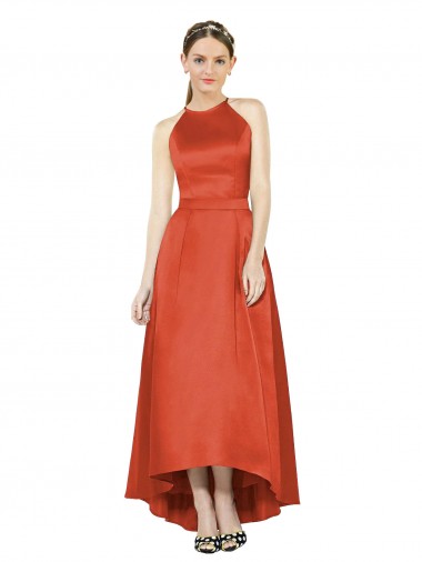 Sleeveless Spice Red A-Line Halter Neck High Low Bridesmaid Dress Mississauga